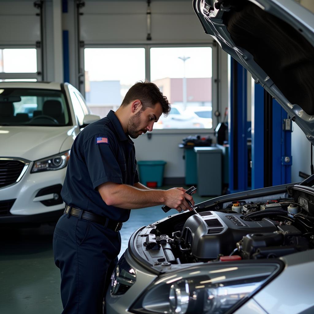 Mechanic working on a car in a Lincoln Park auto repair shop