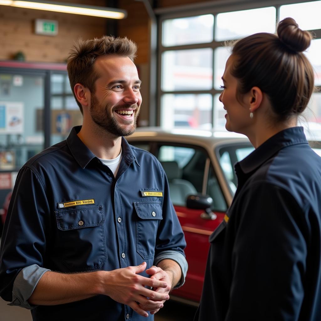 Friendly mechanic talking to a customer in Santa Cruz