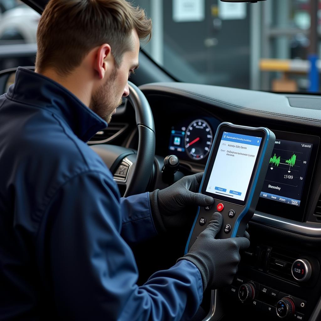 Mechanic Performing Diagnostic Test on Car in London Auto Service