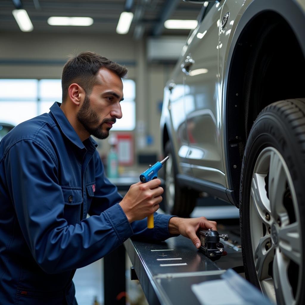 Skilled mechanic performing a routine service on a car in Madinah.