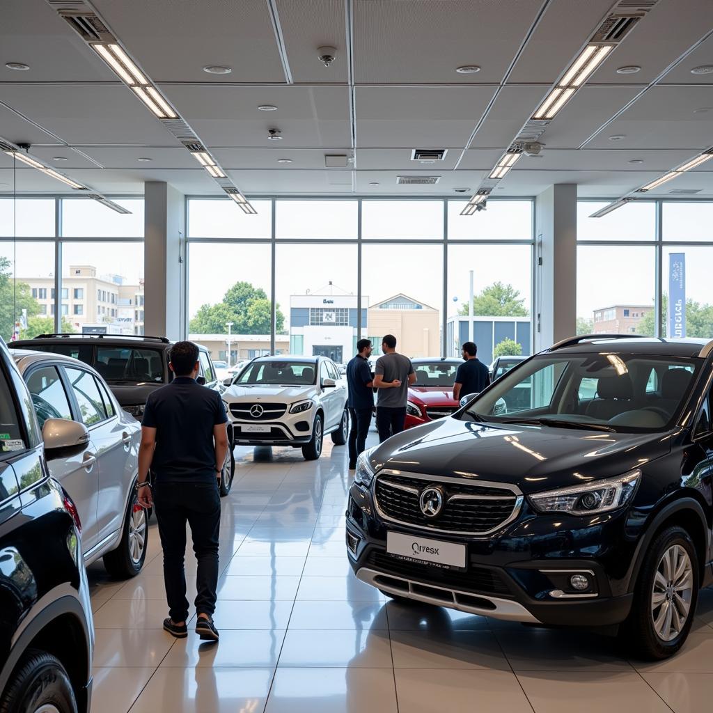 Busy car dealership in Madinah with a wide variety of vehicles on display.