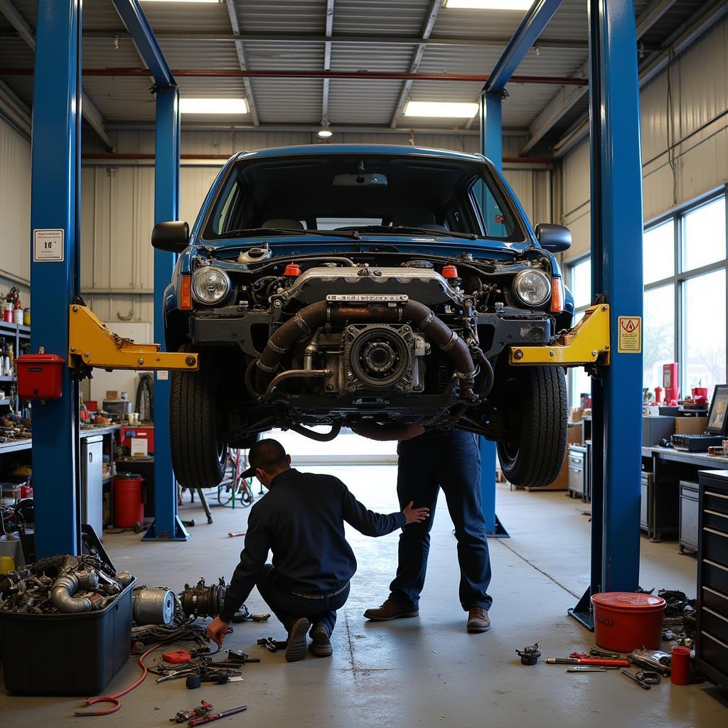 Car undergoing major repairs, including engine and transmission work