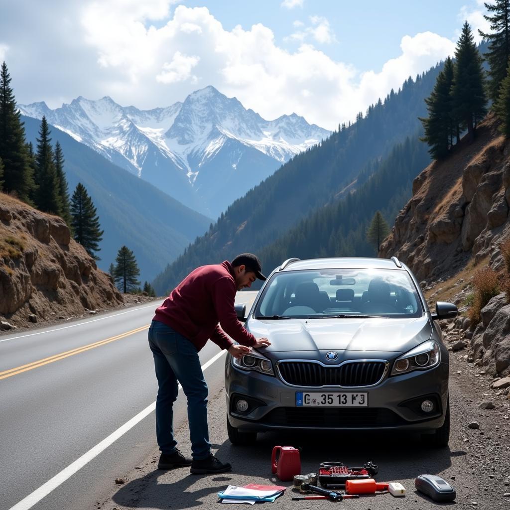 Car receiving service on a winding mountain road in Manali