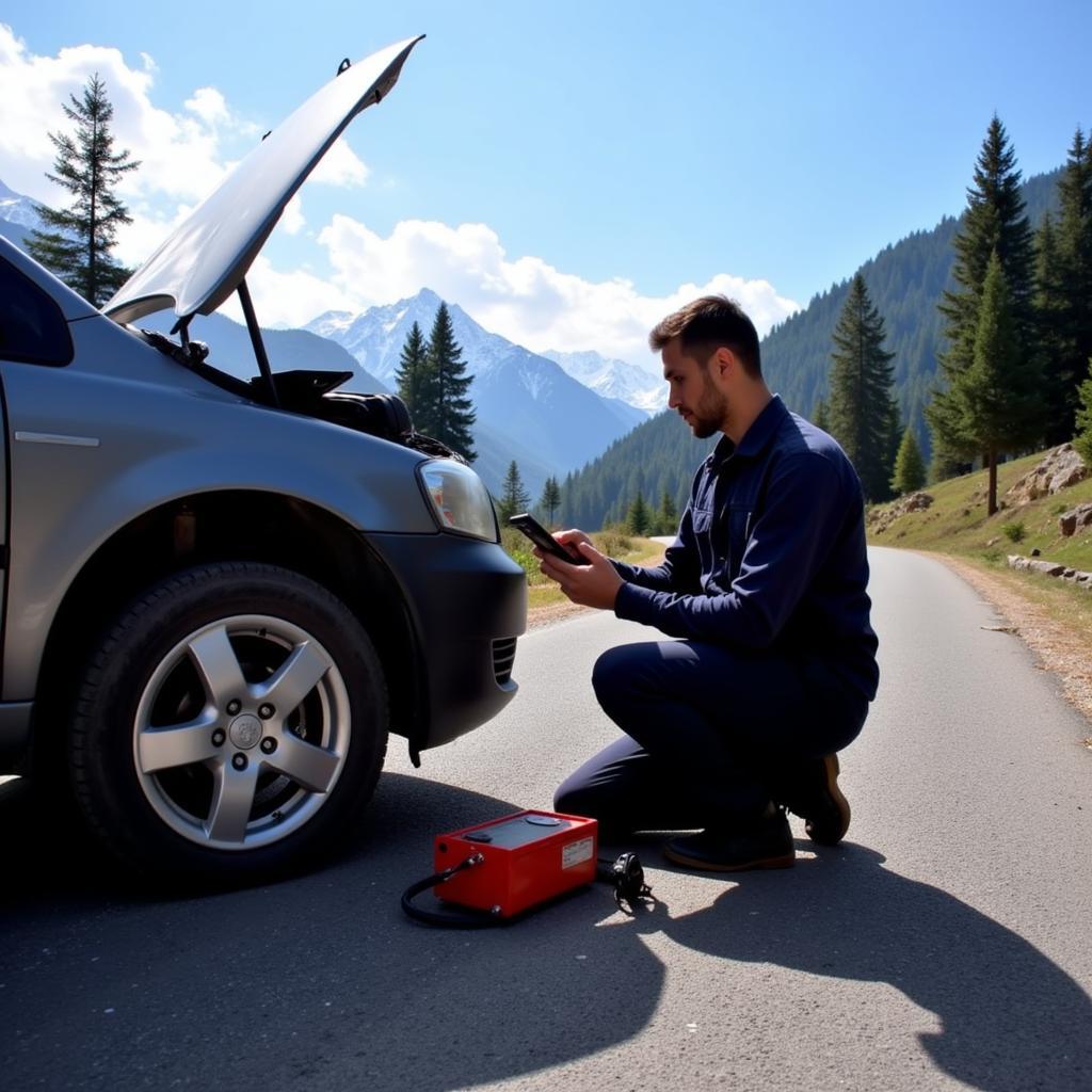 Mechanic providing emergency roadside assistance in Manali