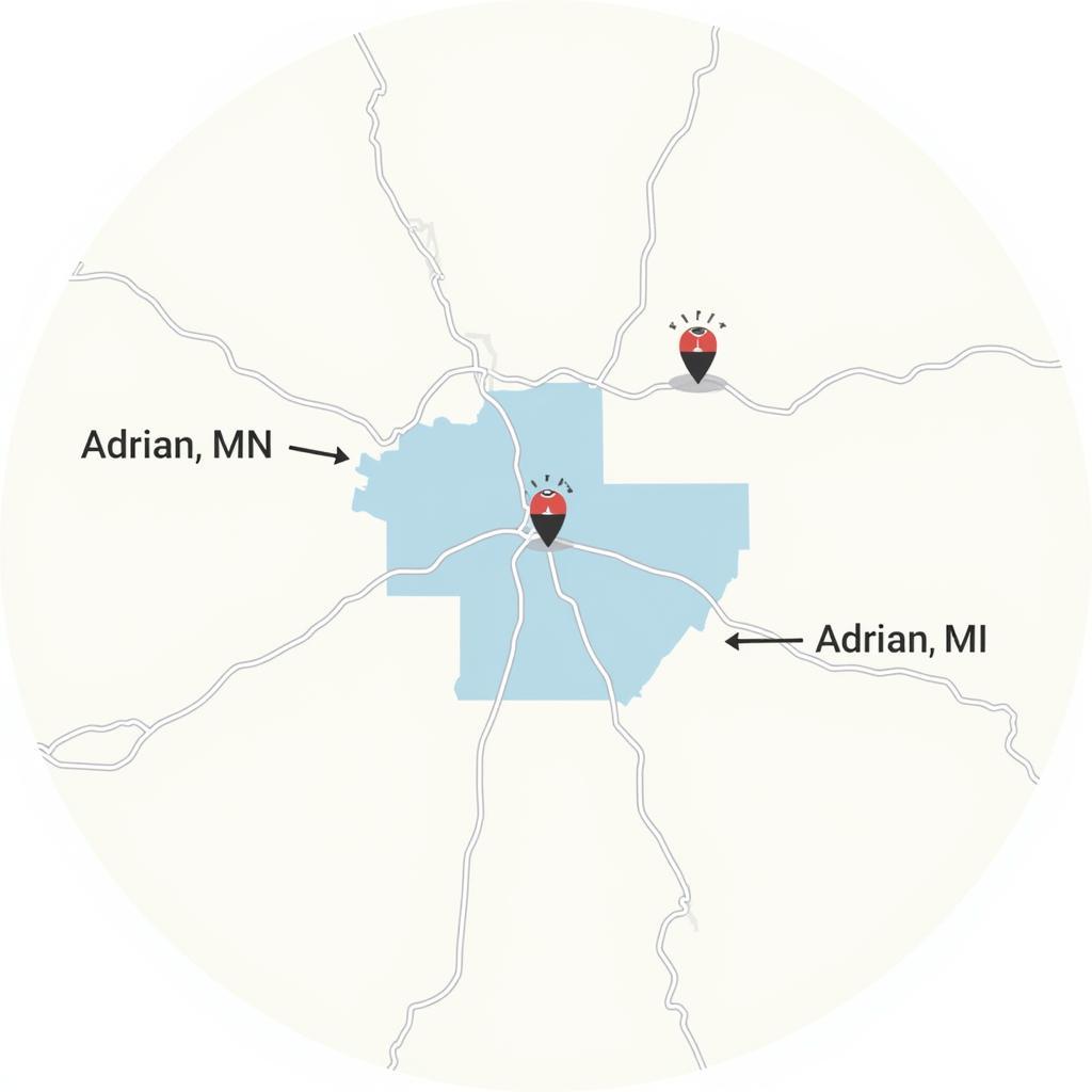 Map Showing Adrian, MN and Adrian, MI