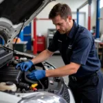 Mechanic at Marvin's Auto Service working diligently on a car's engine