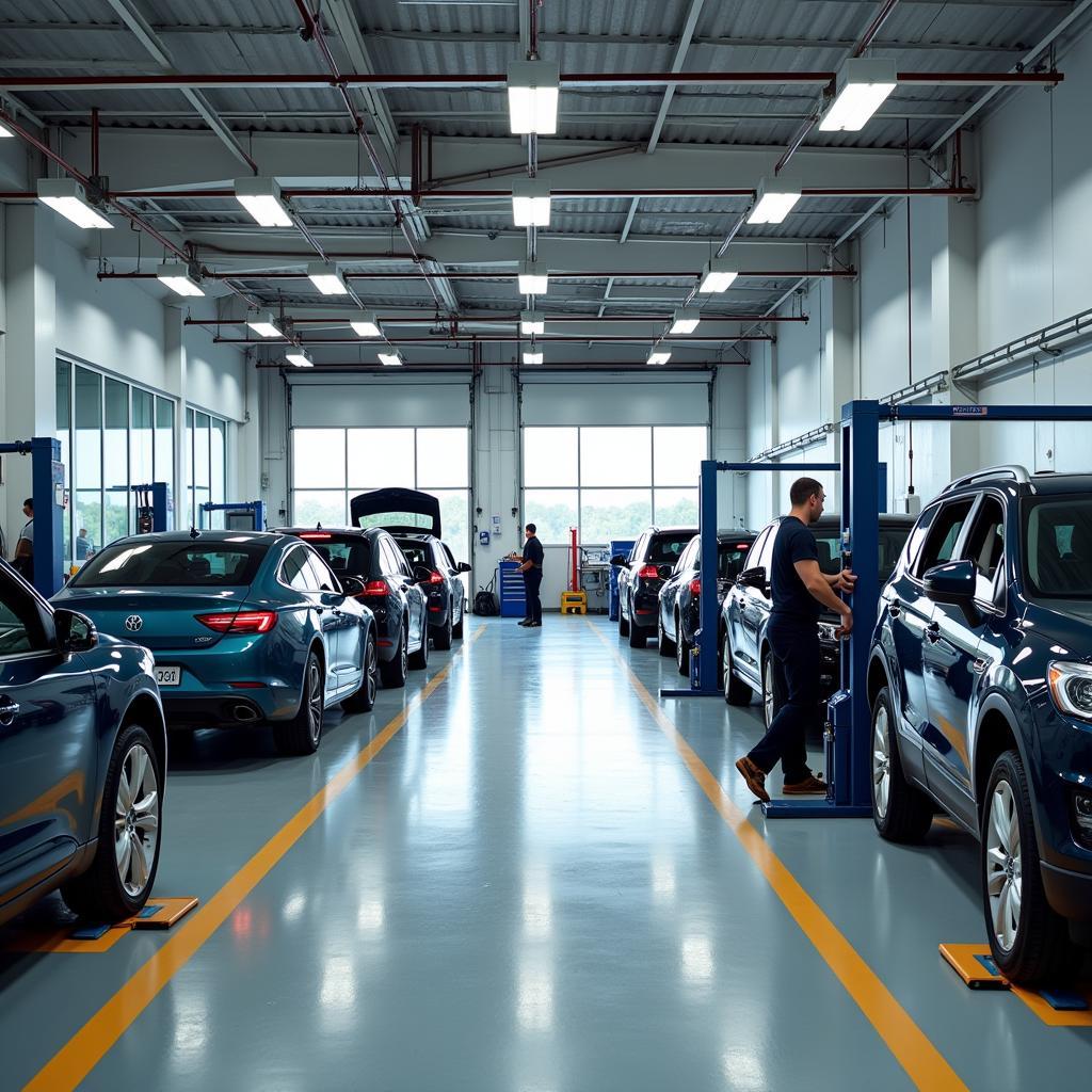 Mass Auto Service: A fleet of vehicles undergoing maintenance checks in a large service bay.