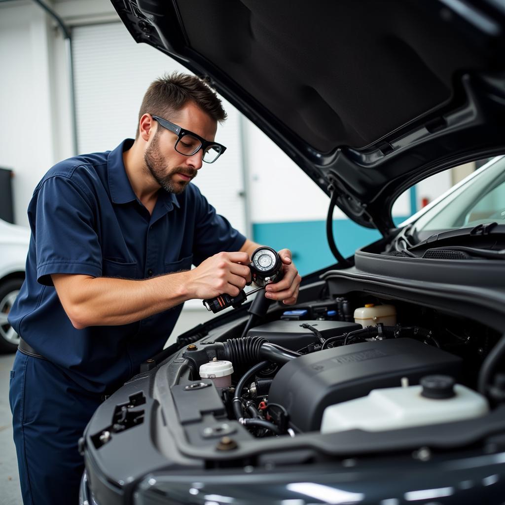 Mechanic Inspecting Car AC System