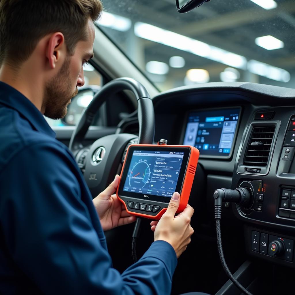 Mechanic Using a Diagnostic Tool on a Car