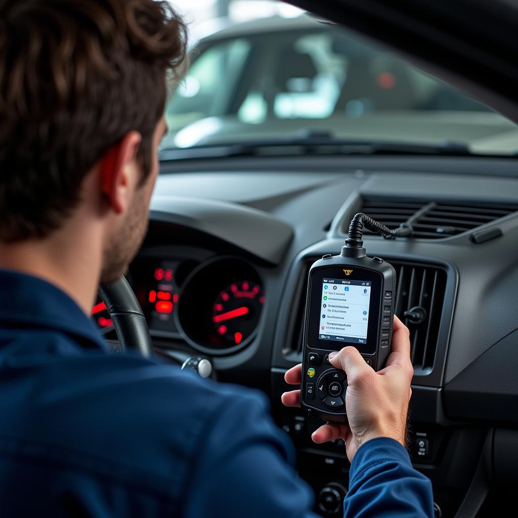 Mechanic Checking Car Diagnostics: A mechanic is using a diagnostic tool to check a car's computer system.