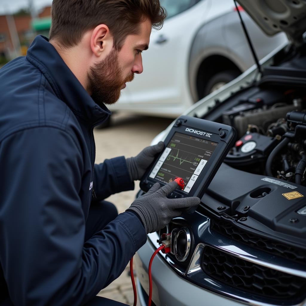 Mechanic Checking Car Diagnostics with a Computer