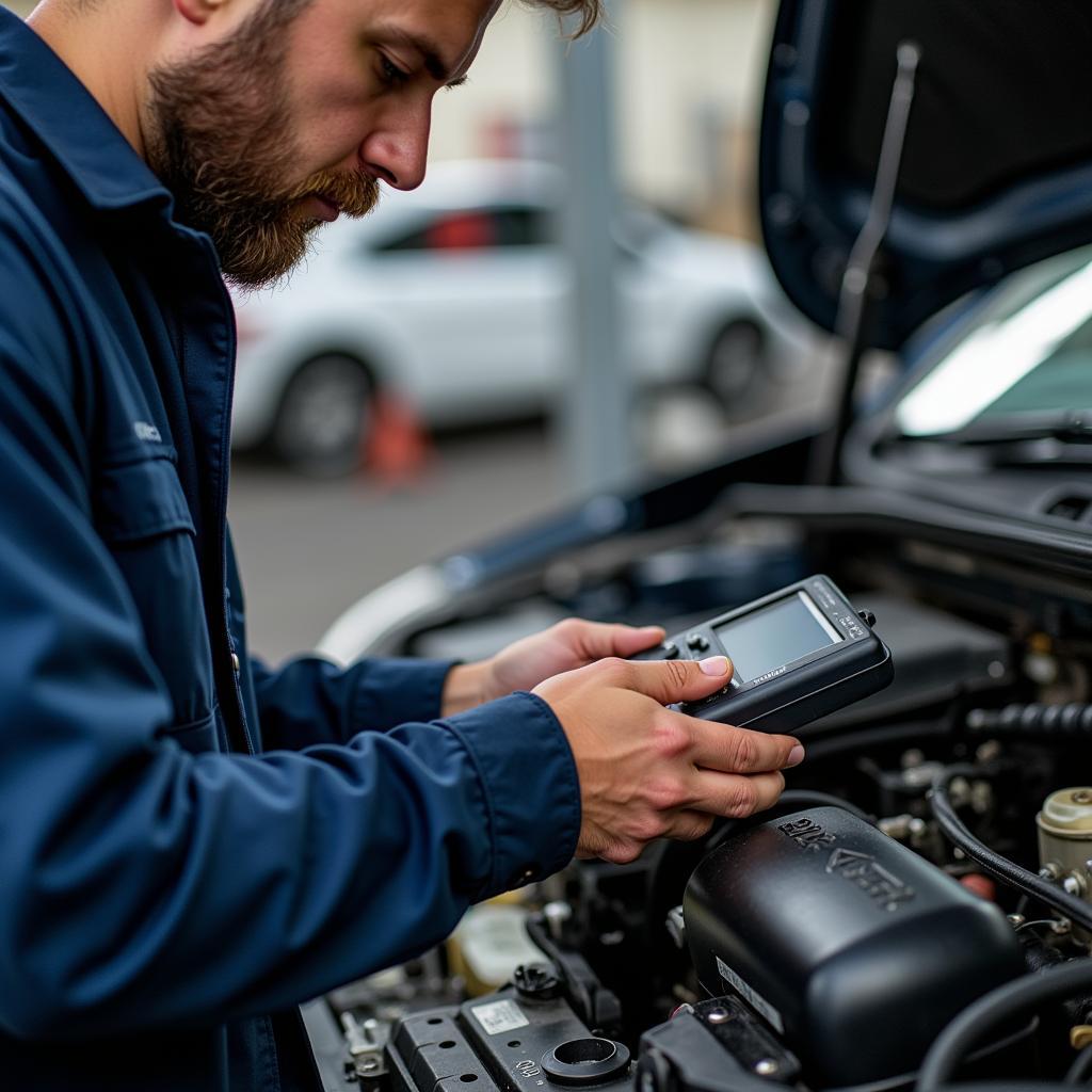 Mechanic Checking Car Diagnostics in Tucson