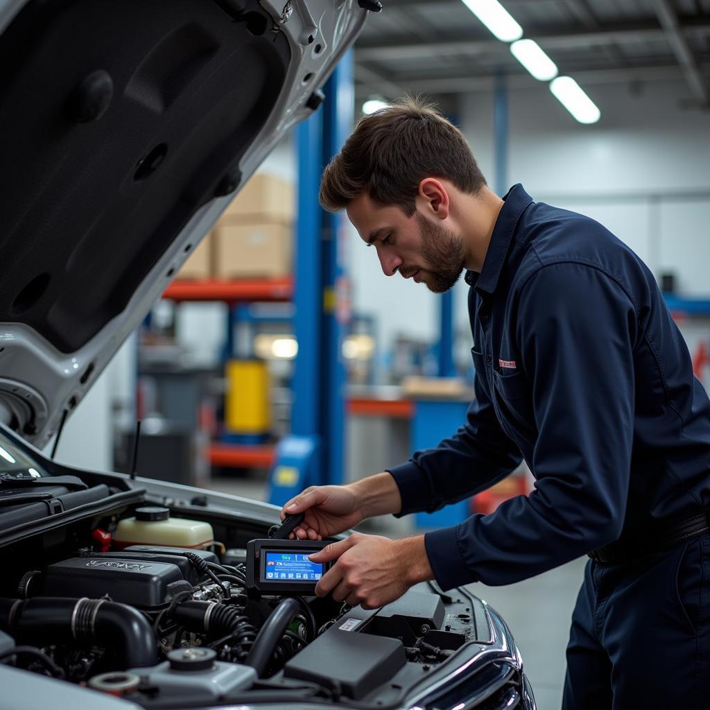 A mechanic inspecting a car engine