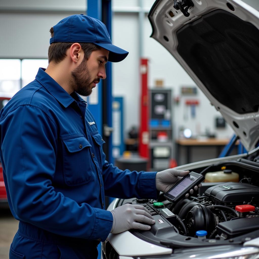 Mechanic Inspecting a Vehicle in a Modern Auto Repair Shop