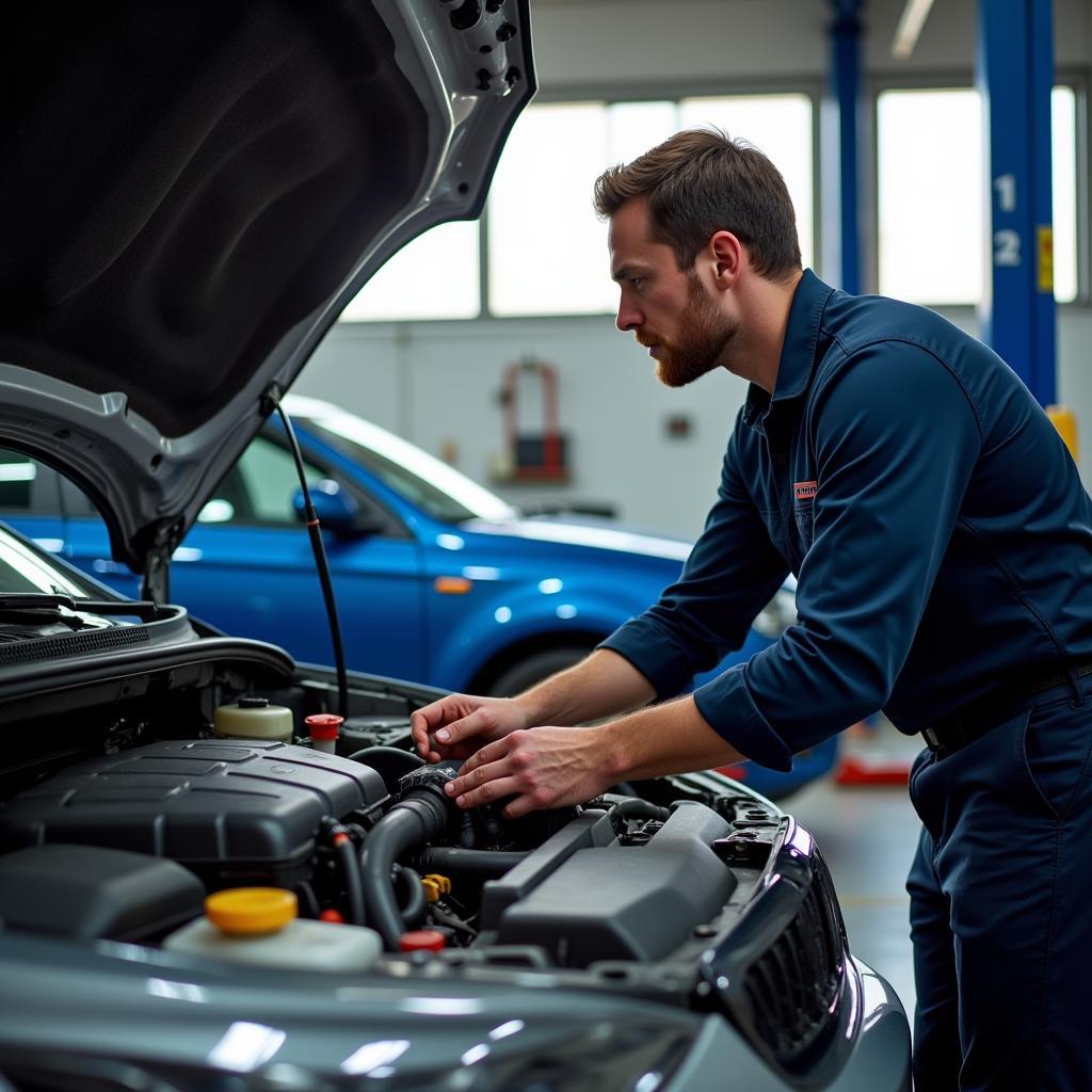 Mechanic inspecting a vehicle on a Sunday morning at an auto repair shop