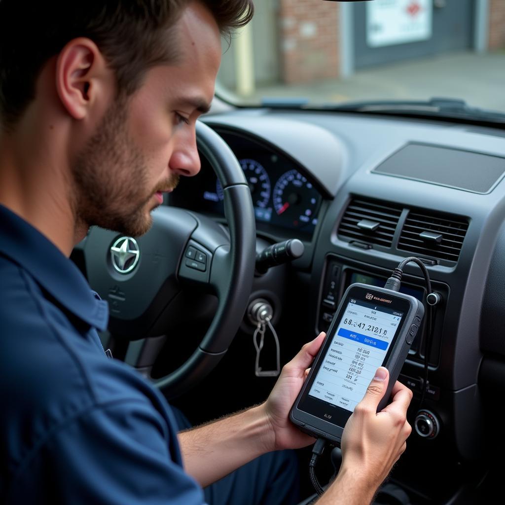 Mechanic Diagnosing Car AC Problem