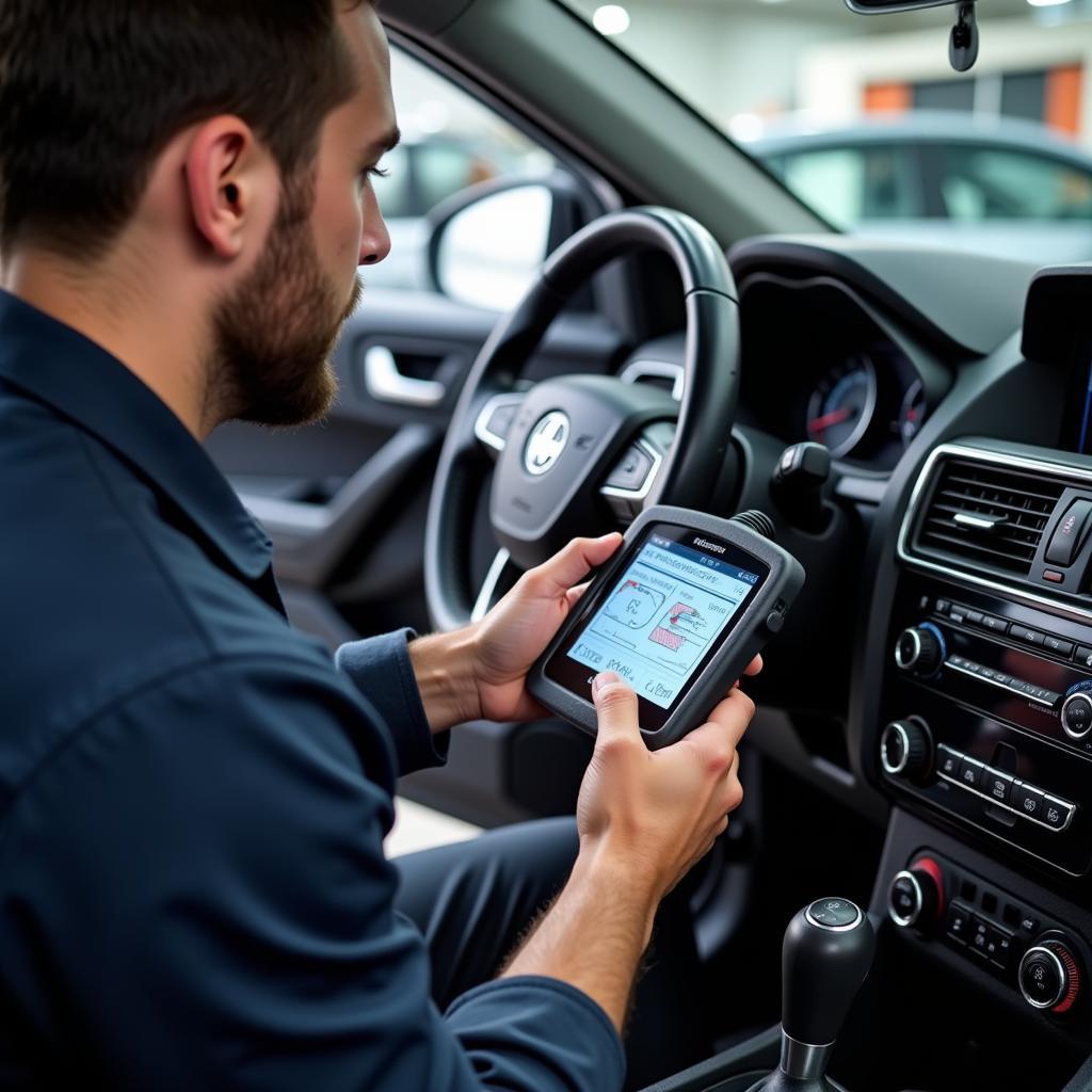 Mechanic Diagnosing Car Electrical System with Diagnostic Tool