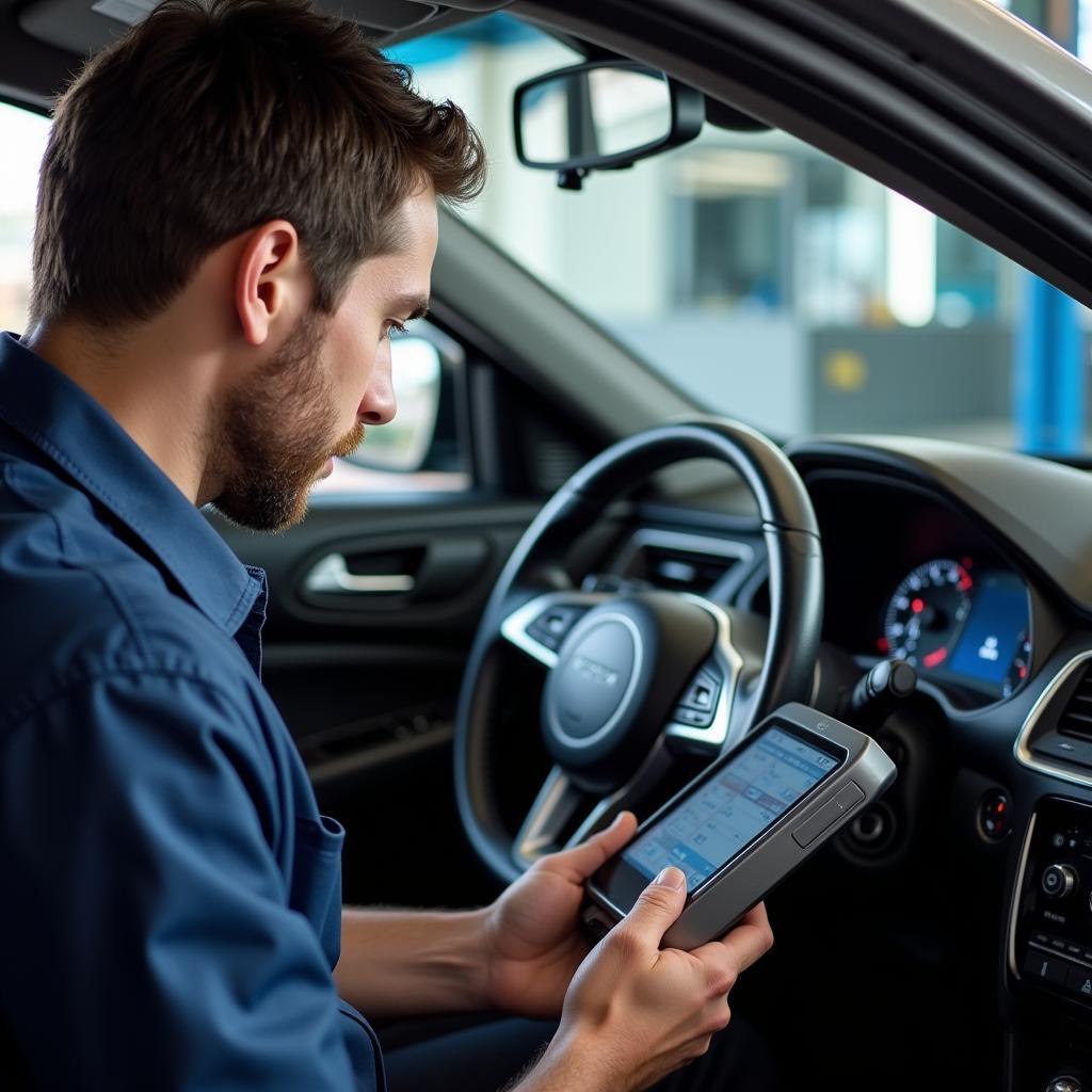 Mechanic Diagnosing Car Electronics with a Scanner