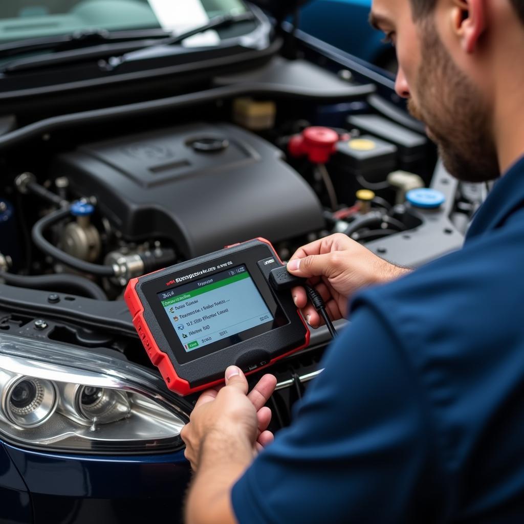 Mechanic Diagnosing a Car Engine with a Diagnostic Tool