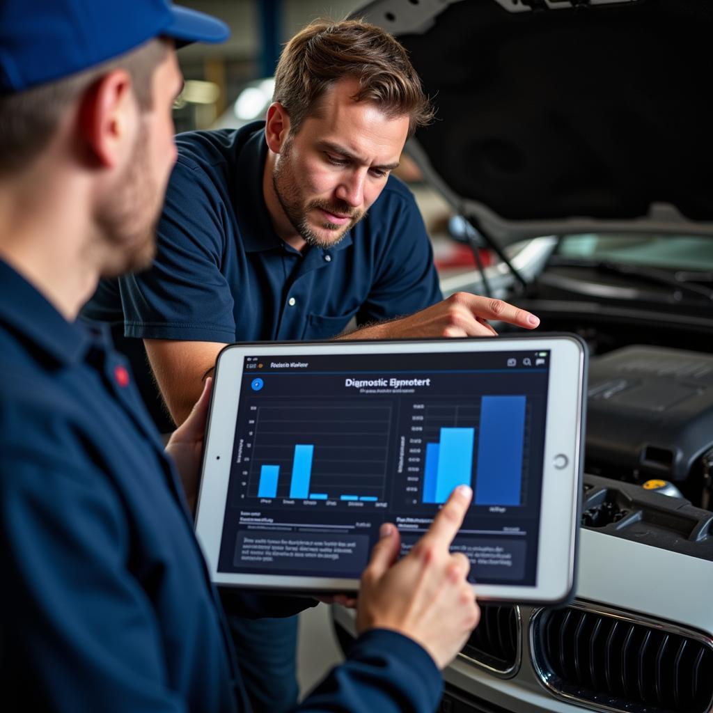 Mechanic Explaining Car Diagnostics to Customer