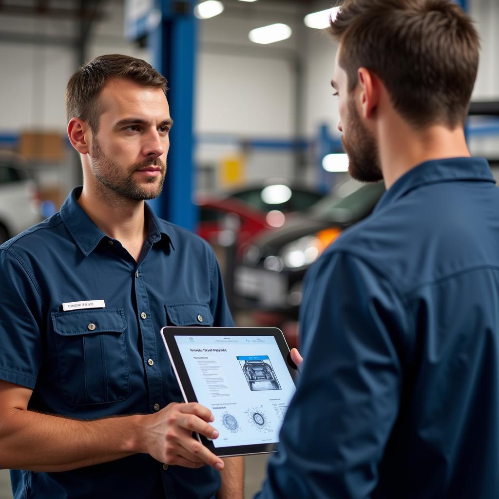 Mechanic explaining a car issue to a customer using a tablet