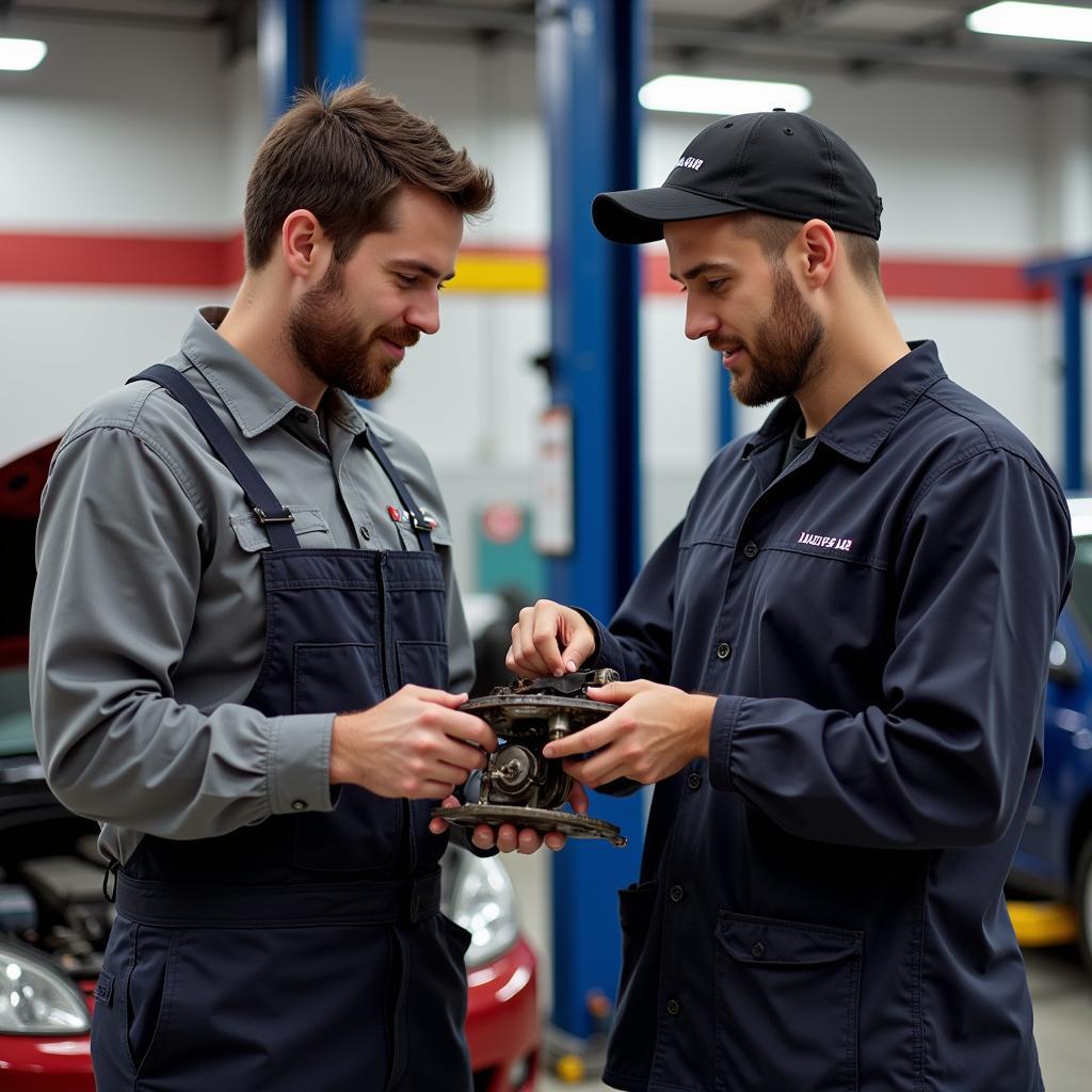 Mechanic explaining car repair to customer