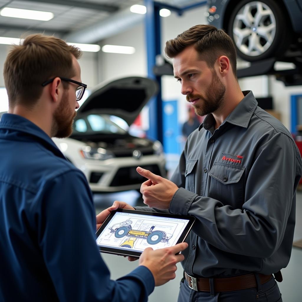 A mechanic explains a needed car repair to a customer, pointing at a diagram on a tablet.