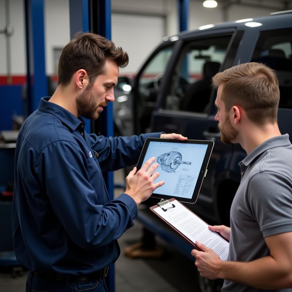 Mechanic explaining car repair to customer