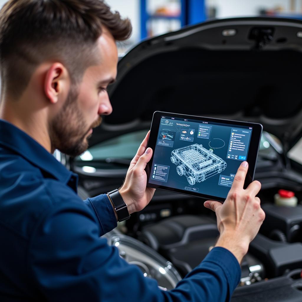 Mechanic explaining the repair process with a 360-degree view of the car's engine