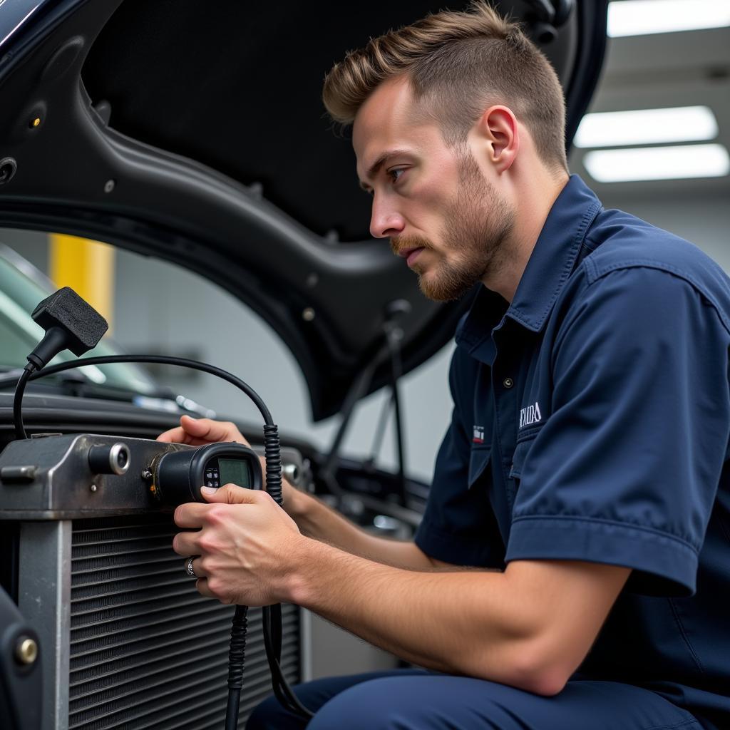 Mechanic inspecting a car radiator