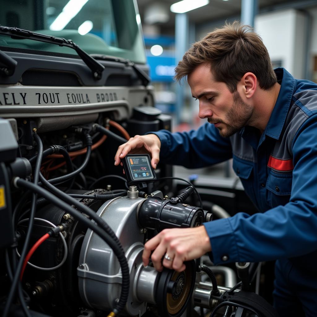 Mechanic Inspecting a Truck Engine