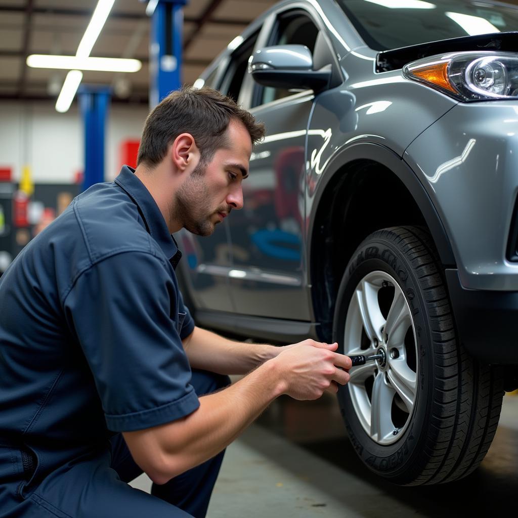 Mechanic Installing Auto Part in Garage