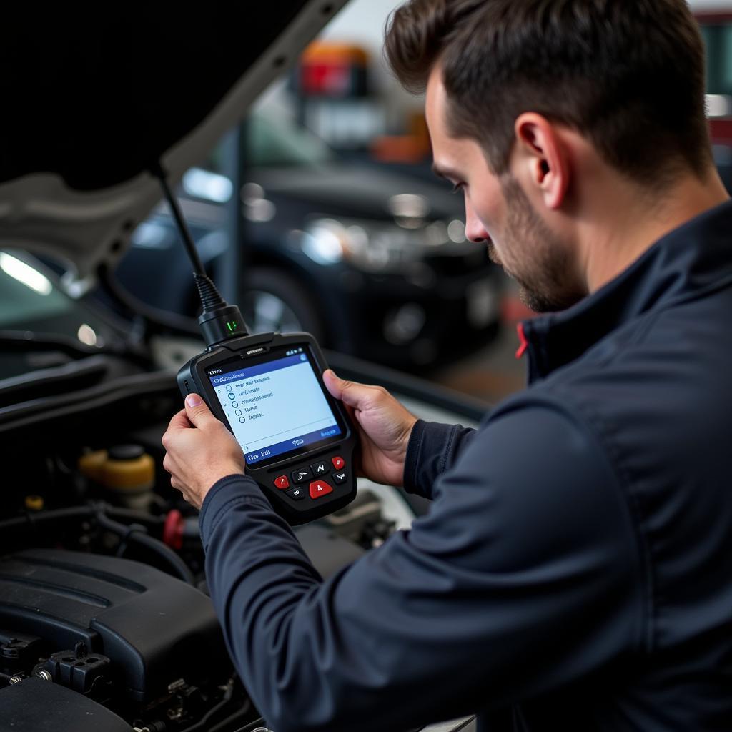 A mechanic performing a diagnostic test on a car