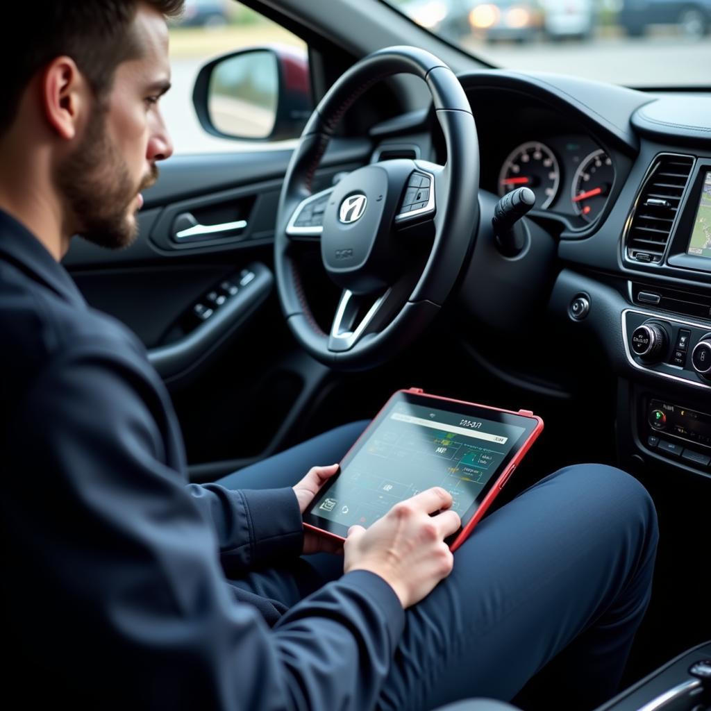 Mechanic Performing Diagnostics with Tablet