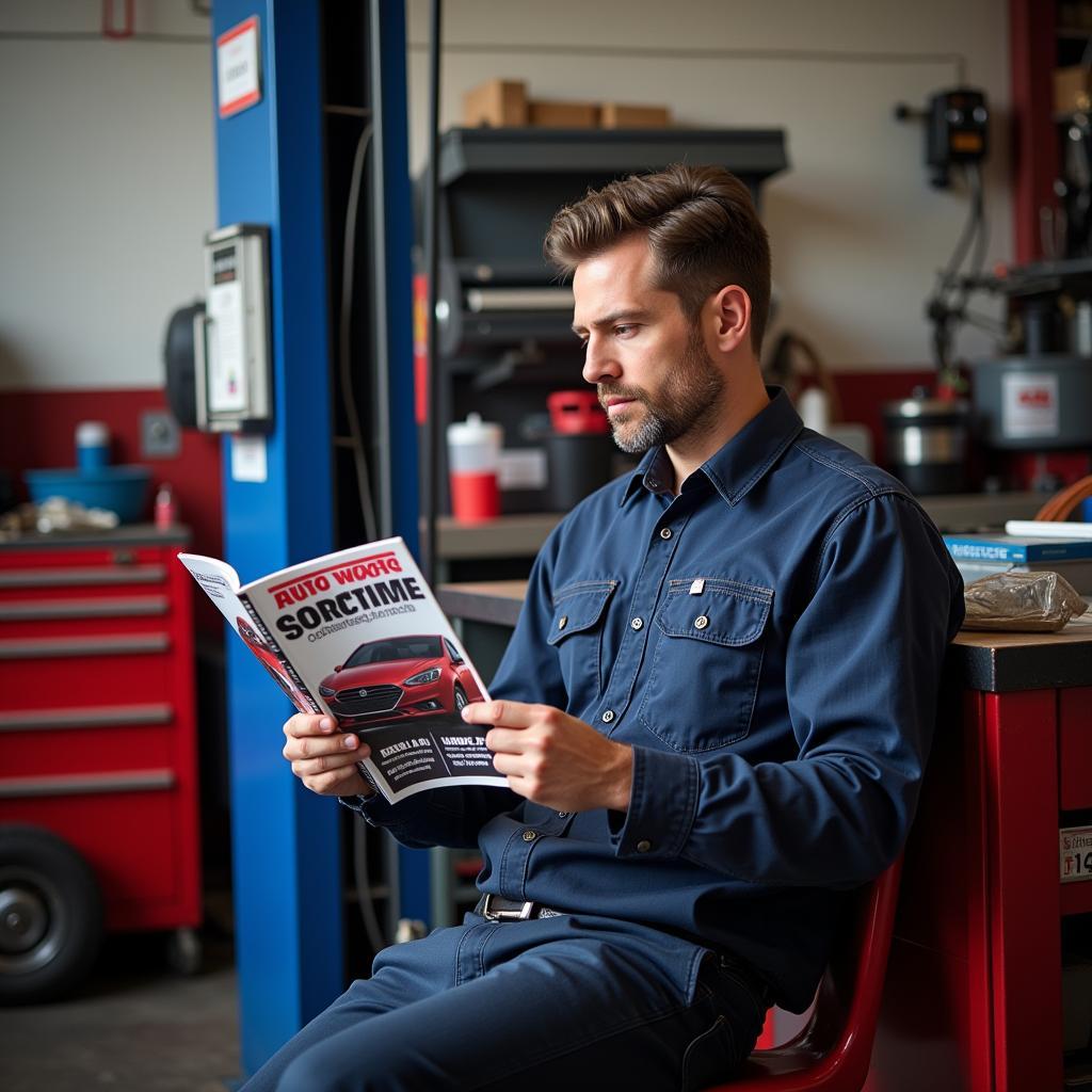 Mechanic Reading Auto Service Magazine: A mechanic takes a break to read an auto service magazine, staying updated on the latest industry trends and technologies.