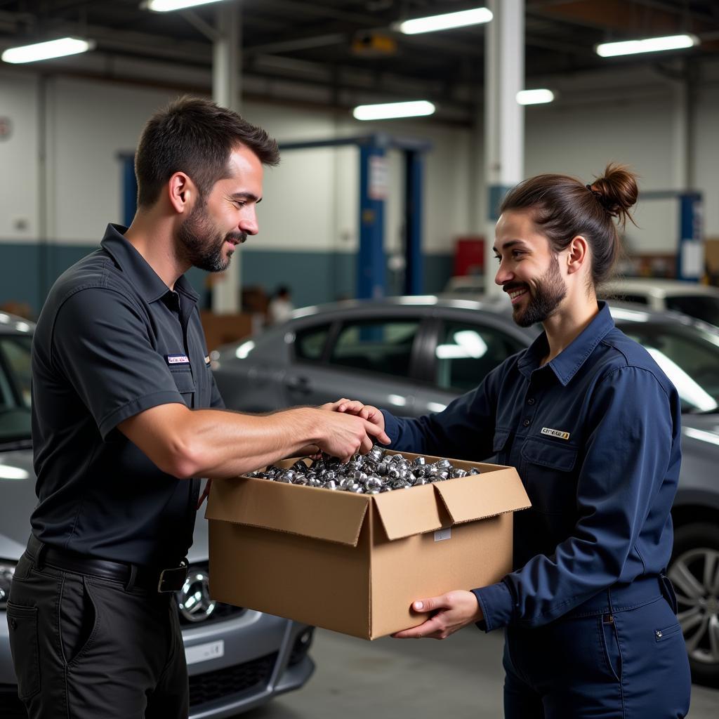 A mechanic receiving a delivery of auto parts from a runner service in a busy auto repair shop.