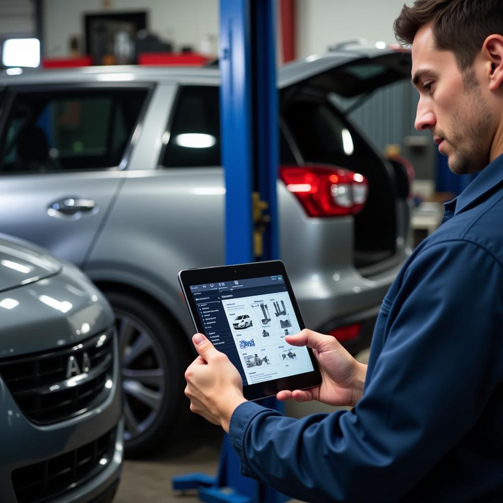 Mechanic Utilizing Auto Service Data on a Tablet