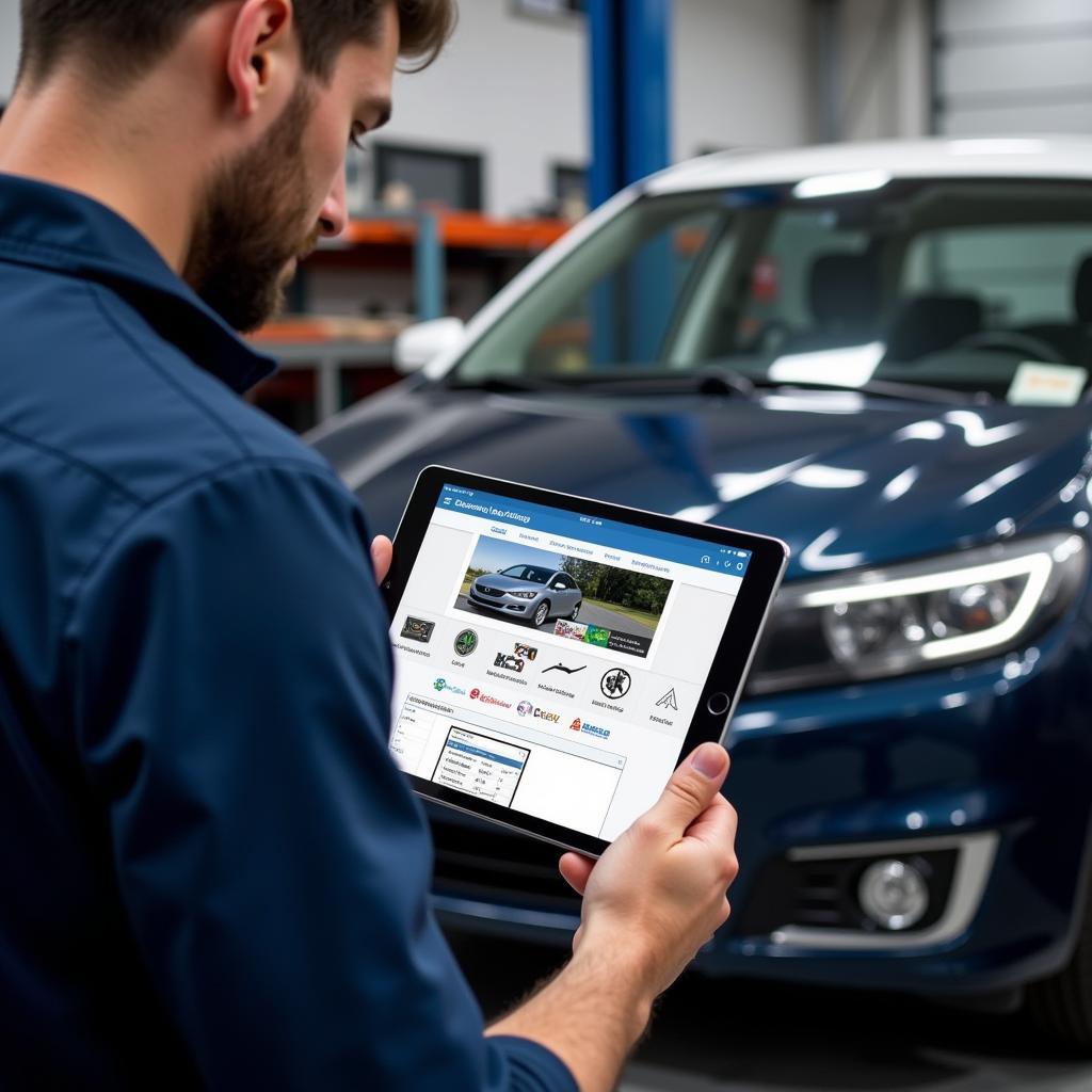 Mechanic Using Auto Service Software on a Tablet in the Workshop