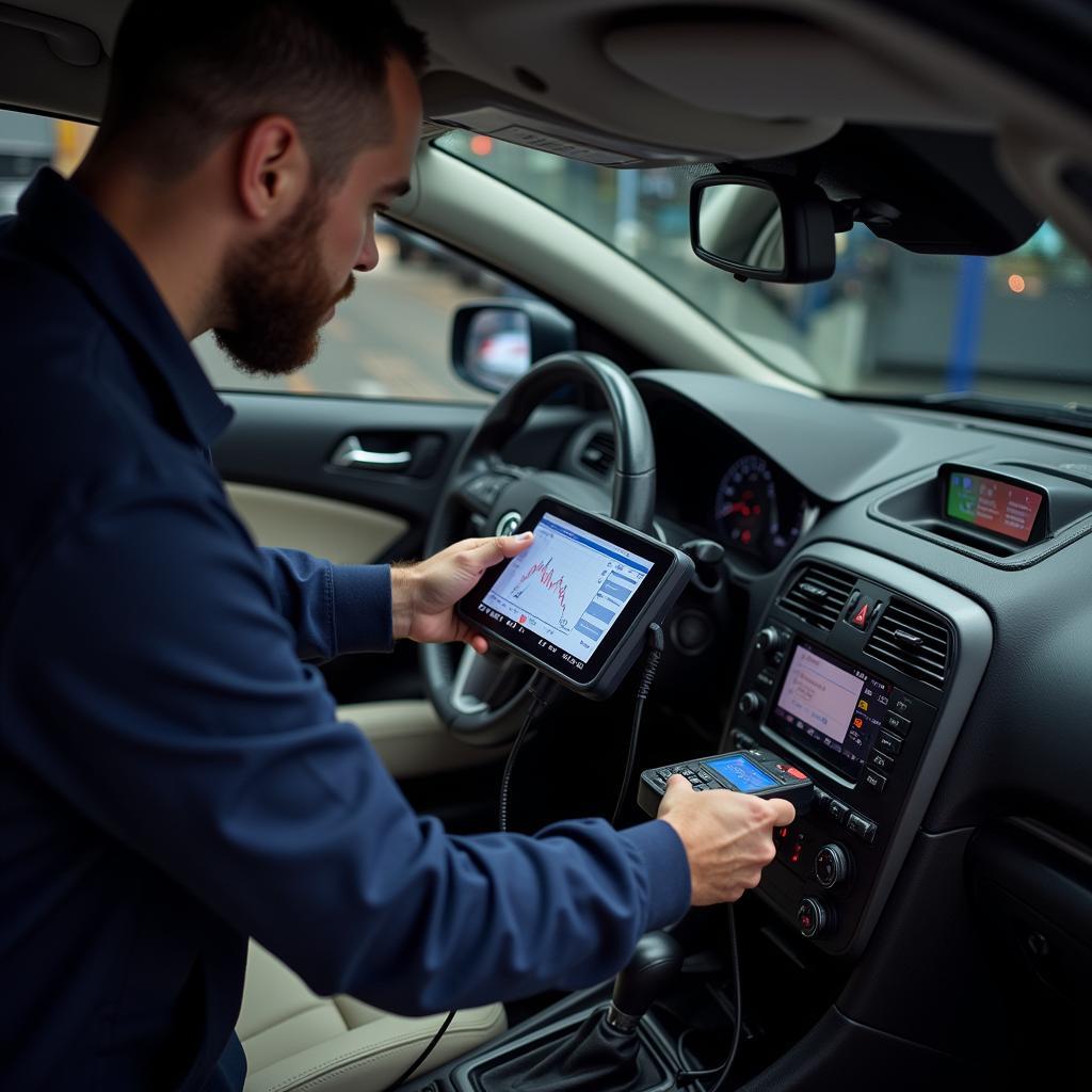 Mechanic Using a Diagnostic Tool on a Car