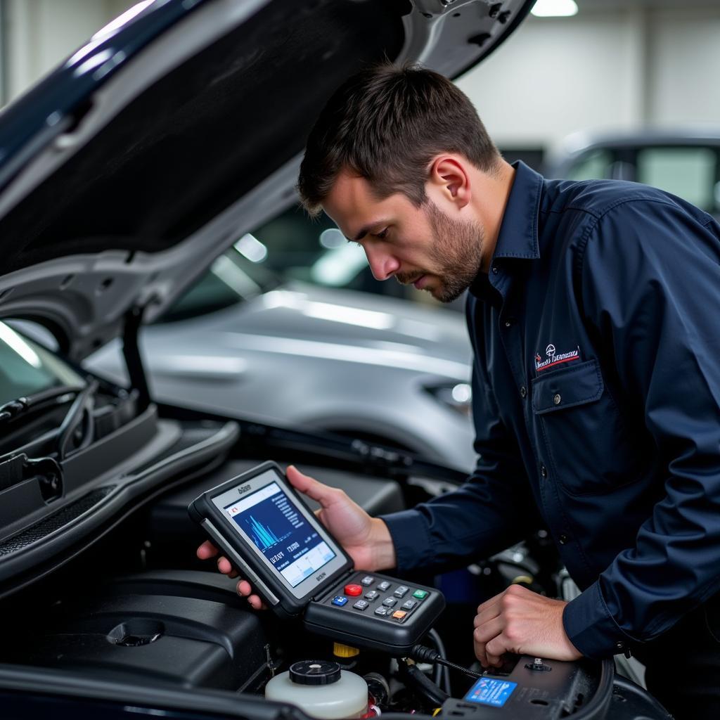 Mechanic Using Diagnostic Tool on Car