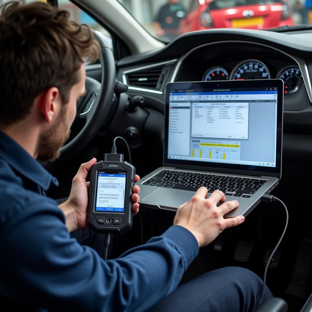 Mechanic using diagnostic tool for auto alert service