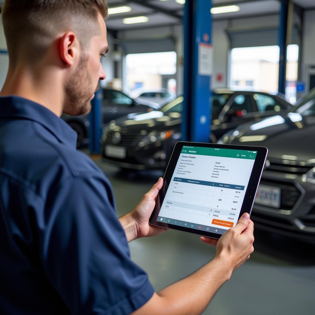 Mechanic using a POS system in an auto repair shop