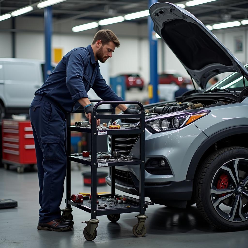 Mechanic Using Tool Cart in Auto Repair Shop