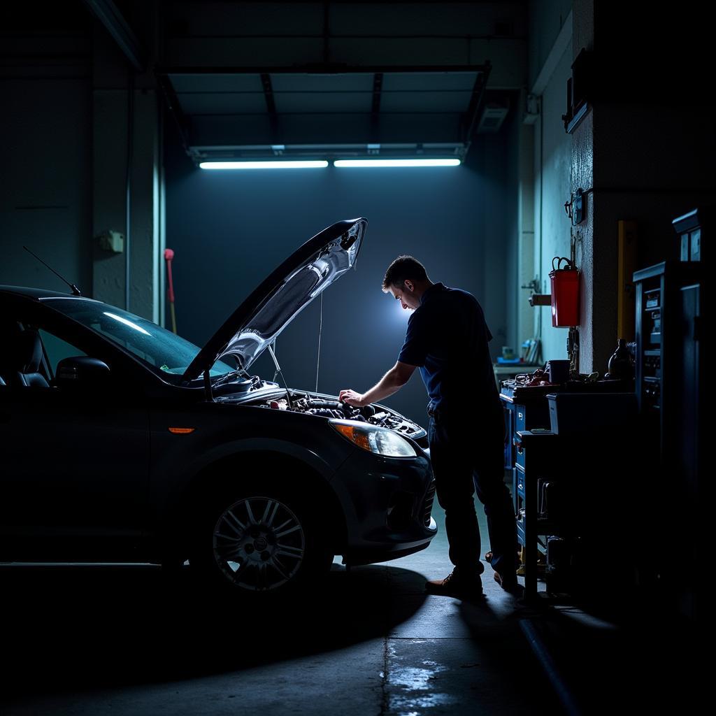 Mechanic Repairing a Car at Night in a Garage