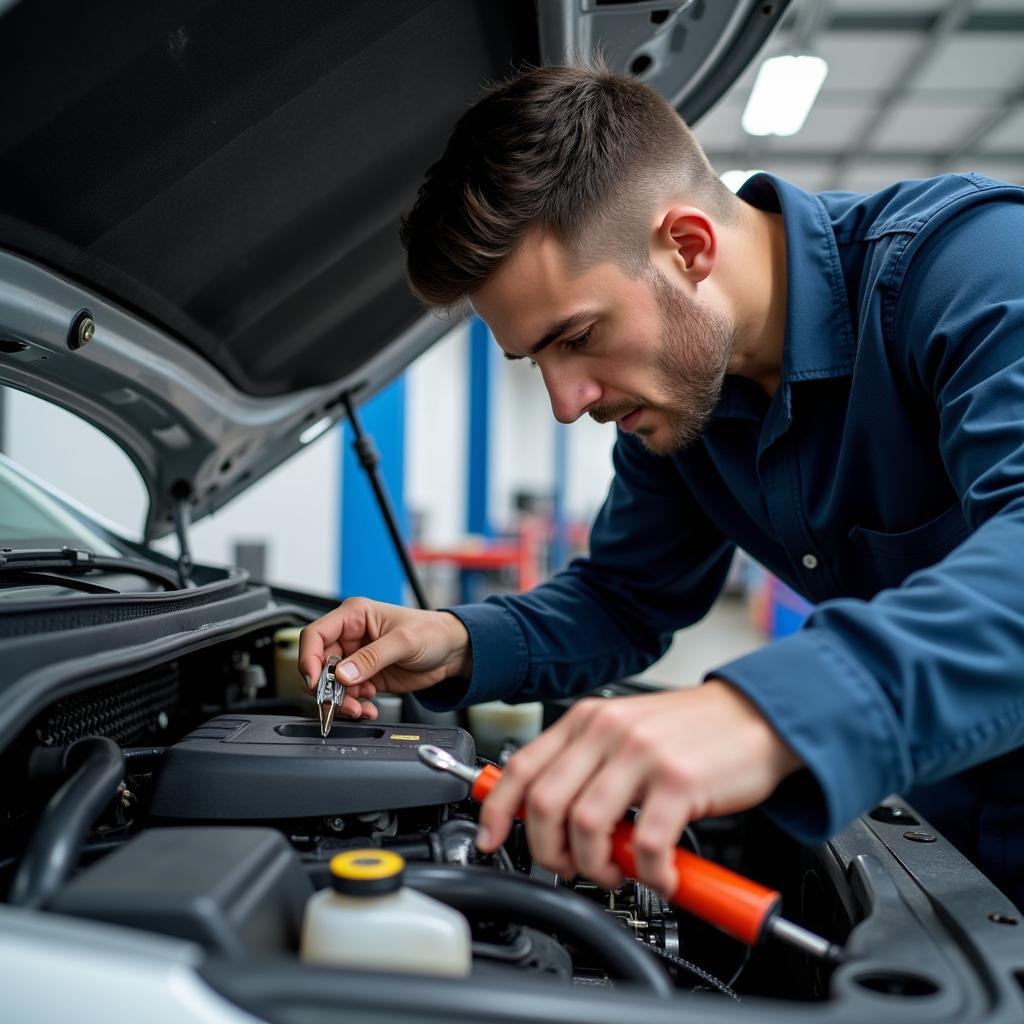 Mechanic Working on a Car Engine