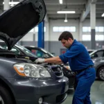 Mechanic Working on Car in Repair Shop