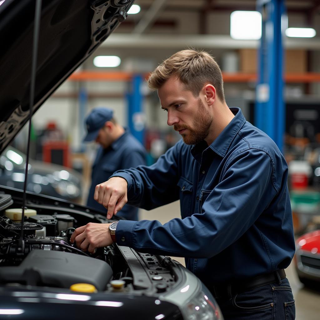 Mechanic wearing safety glasses and gloves while working on a car engine.