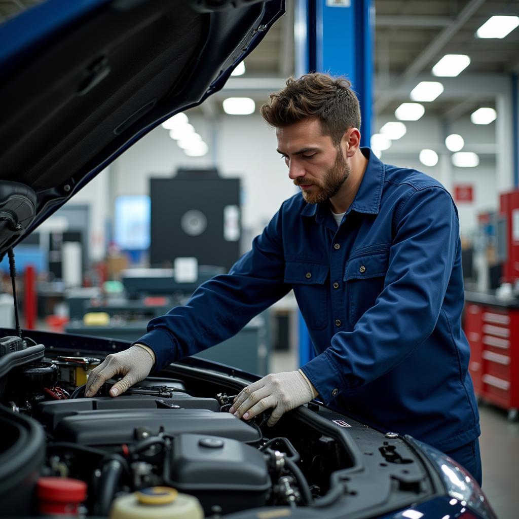 Mechanic Working on a Car in an M H Auto Service Center