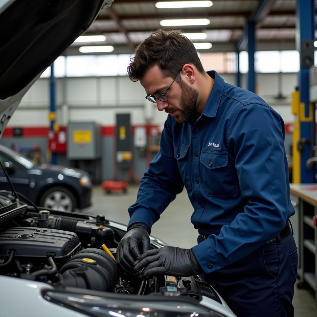 Mechanic working on a car engine in a repair shop