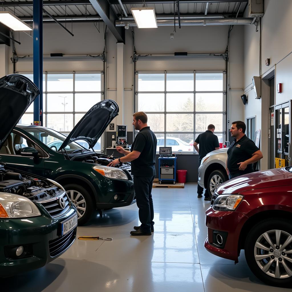 Milt's Service Garage in Vallejo: A bustling auto repair shop with mechanics working on various cars, diagnostic equipment, and a clean, organized workspace.